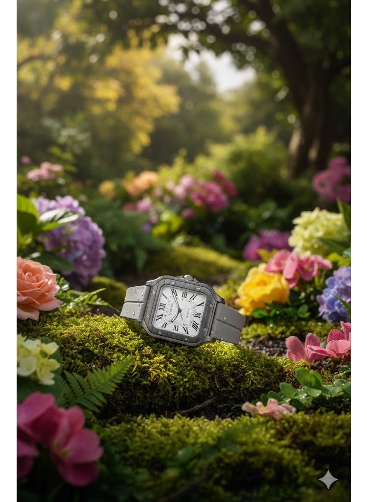 كارتييه ساعة يد رجالي فاخرة بتصميم مربع – سوار سيليكون رمادي مع قرص فضي وأرقام رومانية - Image 2